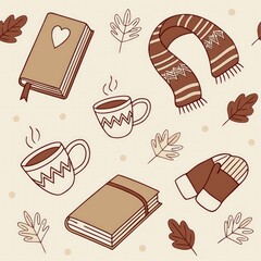 This seamless pattern captures the essence of autumn with cozy elements such as mugs of steaming beverages, warm scarves, and mittens set against a soft background, evoking warmth and comfort