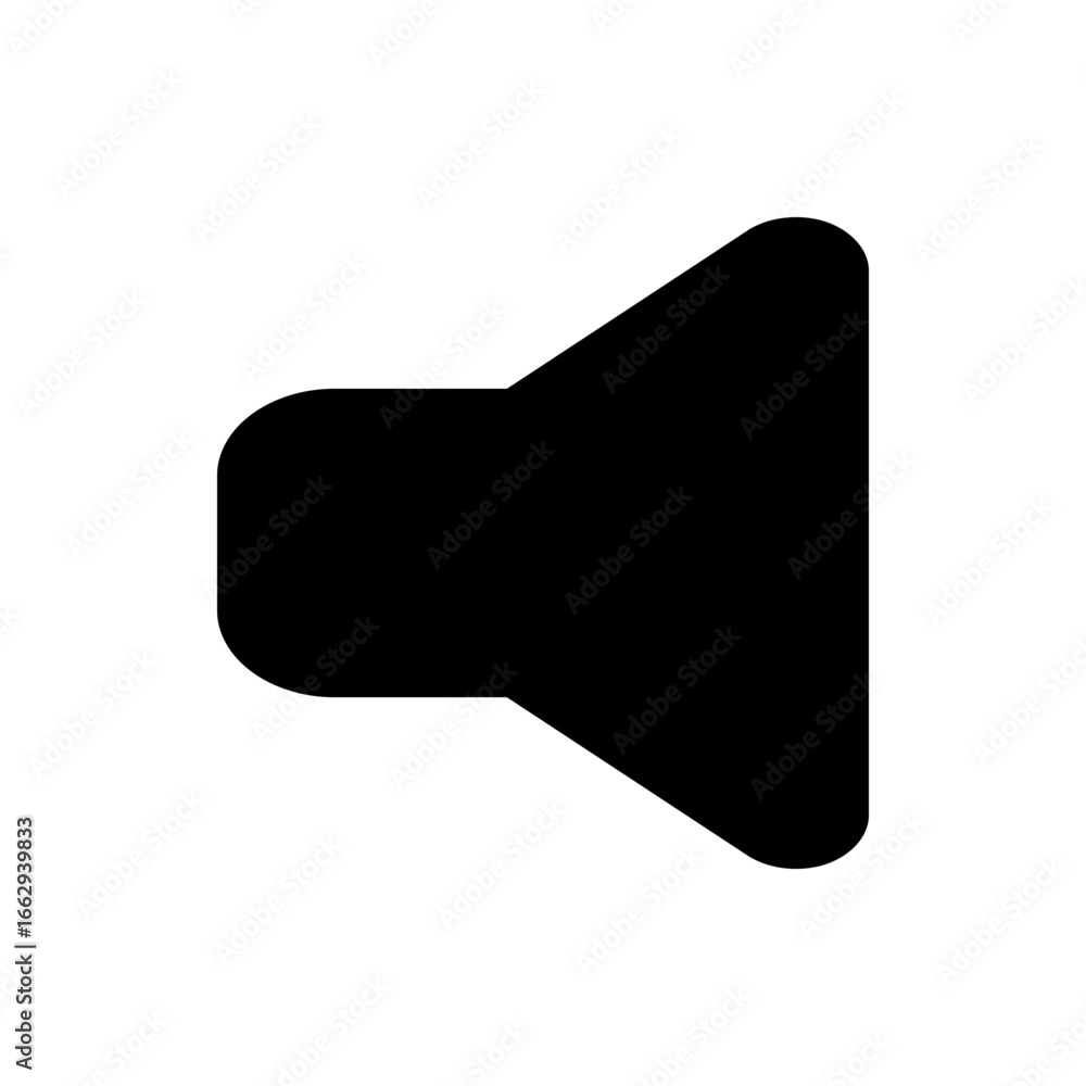 Poster illustration of a black speaker icon with a rounded rectangular base and triangular projection desig
