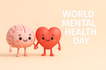 Cute brain and heart characters promoting mental health awareness with cheerful expressions