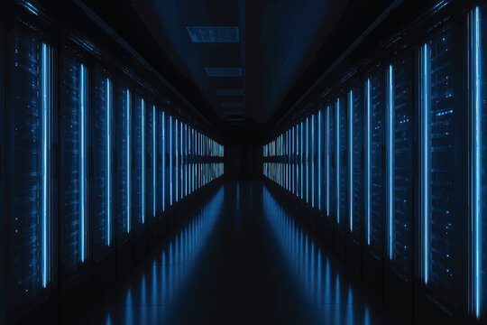 A symmetrical view down a dark server farm aisle with glowing blue lights on network racks, a digital infrastructure background - Powered by Adobe