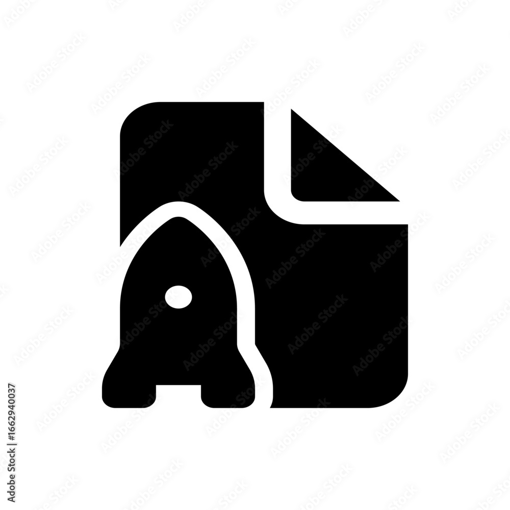 Aufkleber black and white illustration of a rocket ship icon next to a document with a folded corner design el