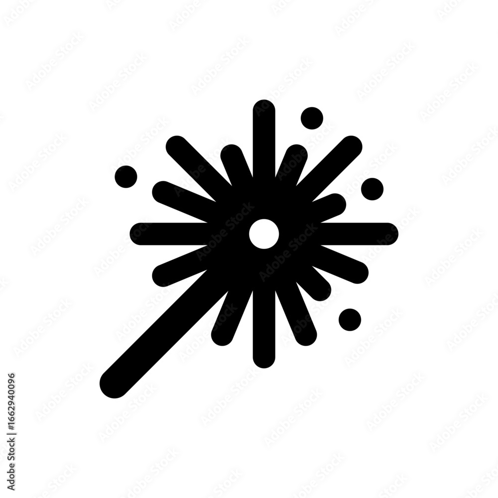 Aufkleber illustration of a black sparkler with multiple rays emanating from a central point and small dots ar