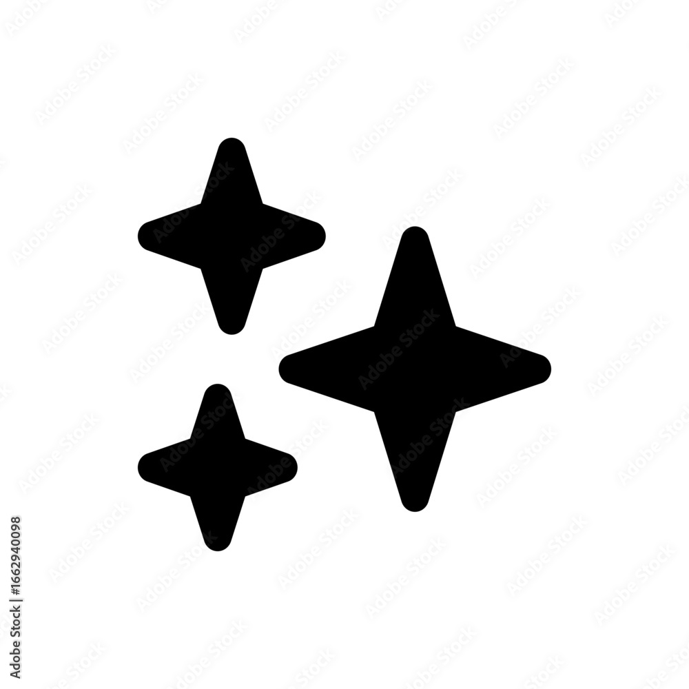Poster three black four pointed stars of varying sizes arranged on a white background creating a simple des