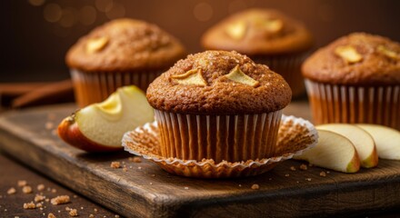 Closeup of Brown Apple Muffins on Wooden Board