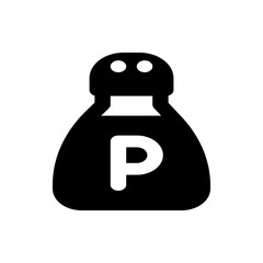 Illustration of a black pepper shaker with a white p on it and two holes on the top on a white background