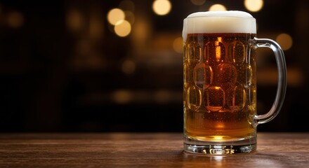 cold beer mug on wooden table in dimly lit pub setting, emphasizing refreshing beverage and relaxation. perfect image for promotions and advertisements in beverage industry marketing