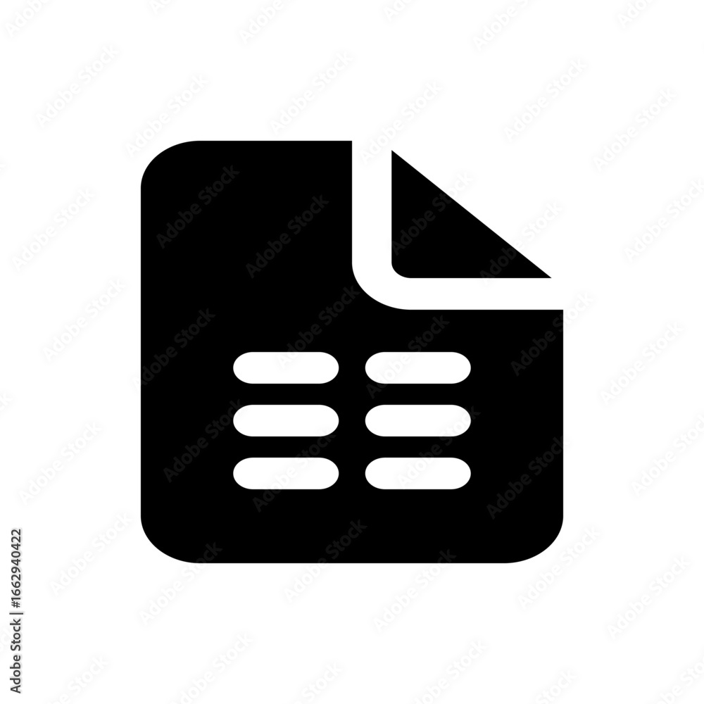 Poster black document icon with a folded corner and six white rounded rectangles arranged in two columns