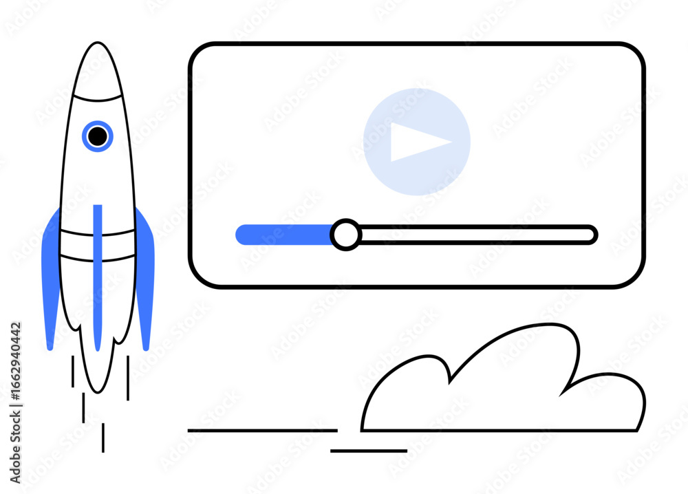 Aufkleber rocket taking off beside a video progress bar with play button and a simple cloud. ideal for creativ