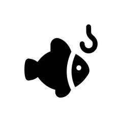 Illustration of a black fish with a white eye and a white stripe and a fishing hook above it on white