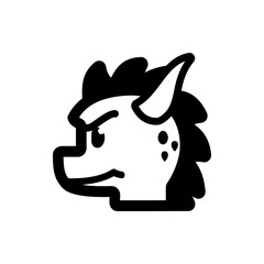 Illustration of a stylized dragon head with a single horn and black spots on its face and a thick mane