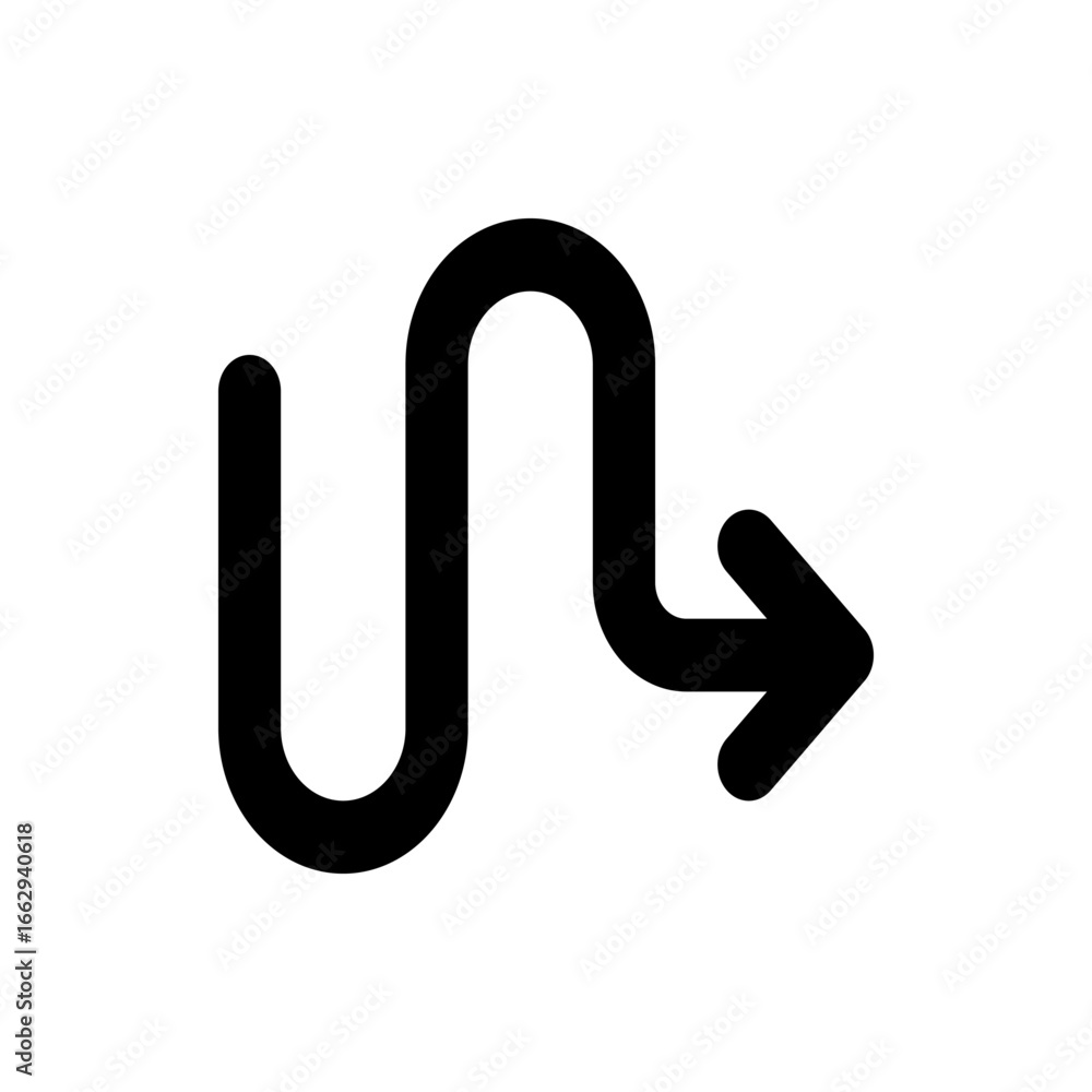 Aufkleber a black arrow with a winding path pointing to the right on a white background in a simple graphic st