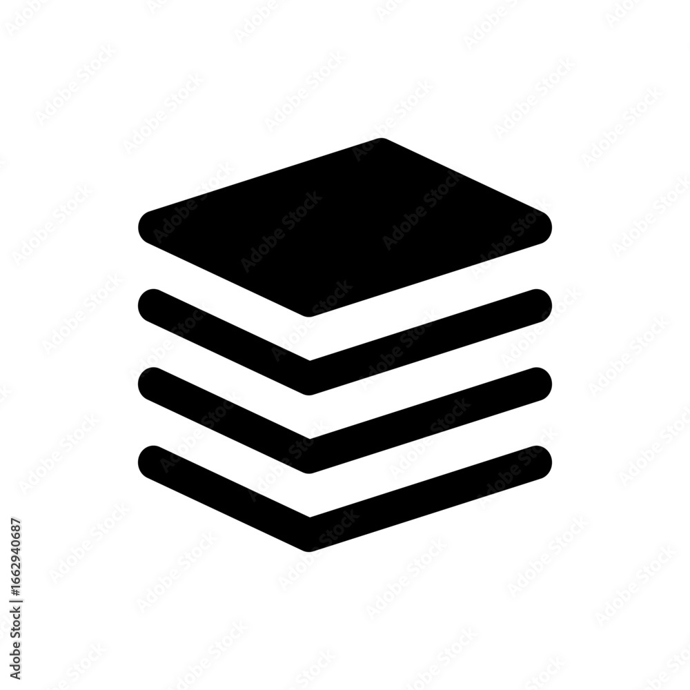 Poster illustration of a stack of four rounded square layers in black color over a white background surface
