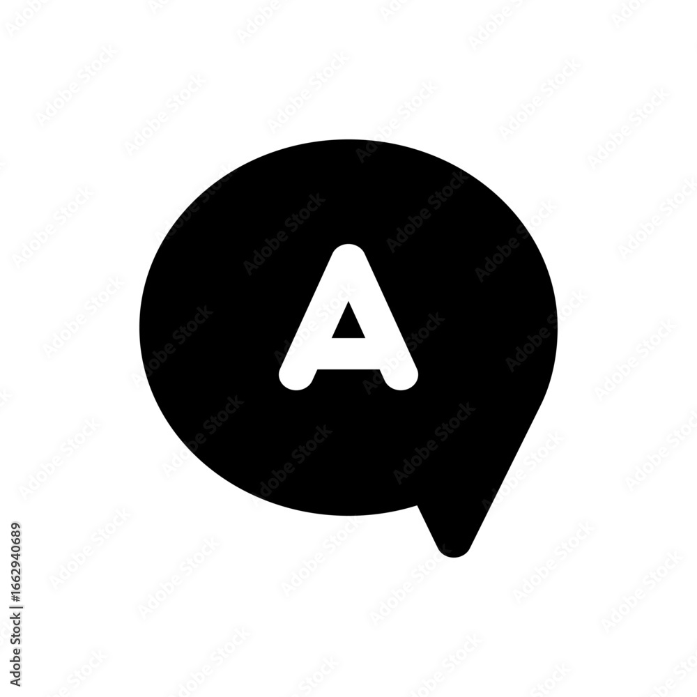 Poster black speech bubble containing a white letter a centered within the shape on a white background simp