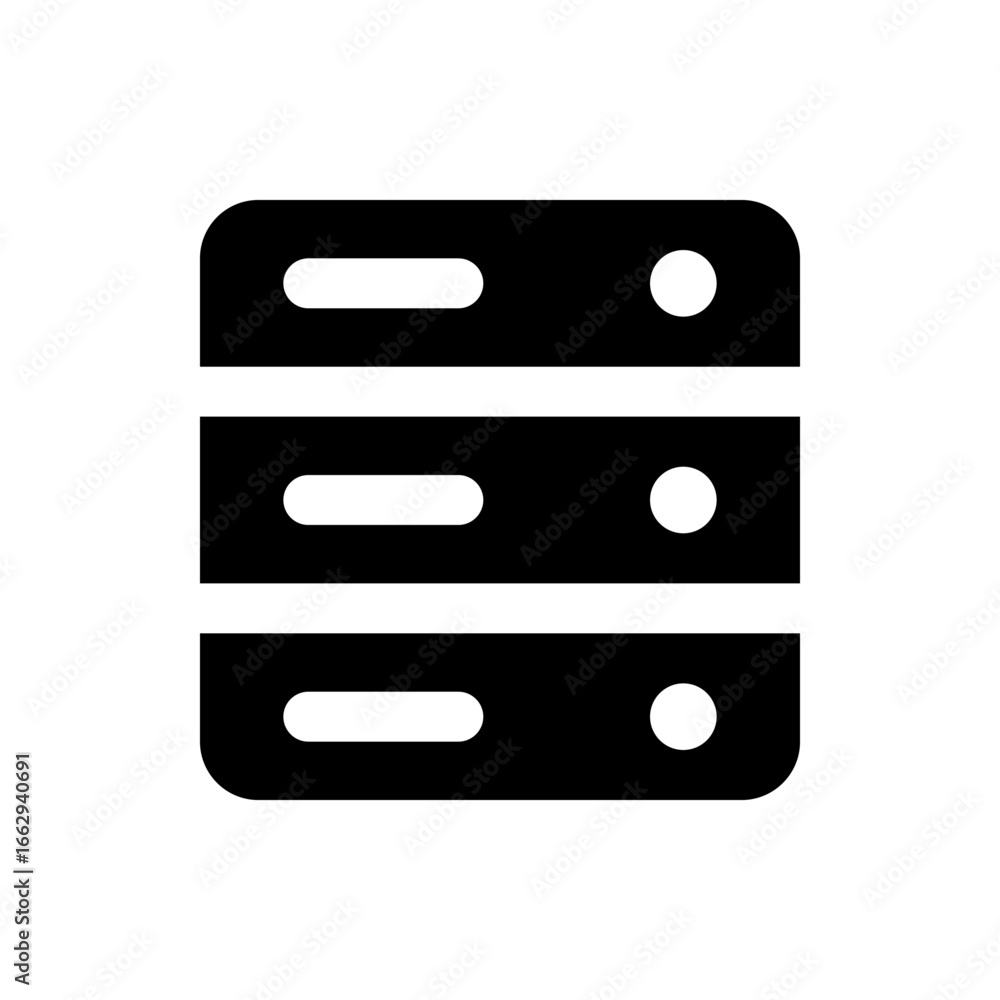 Poster illustration of a black server rack with three tiers each having a handle and a status light icon