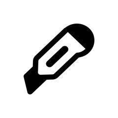 Illustration of a black utility knife with a retractable blade and a plastic handle on a white background