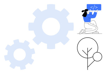 Woman kneeling and working on coding tasks, surrounded by light blue gear shapes and a minimalist tree depiction. Ideal for teamwork, coding, innovation, technology, sustainability, development