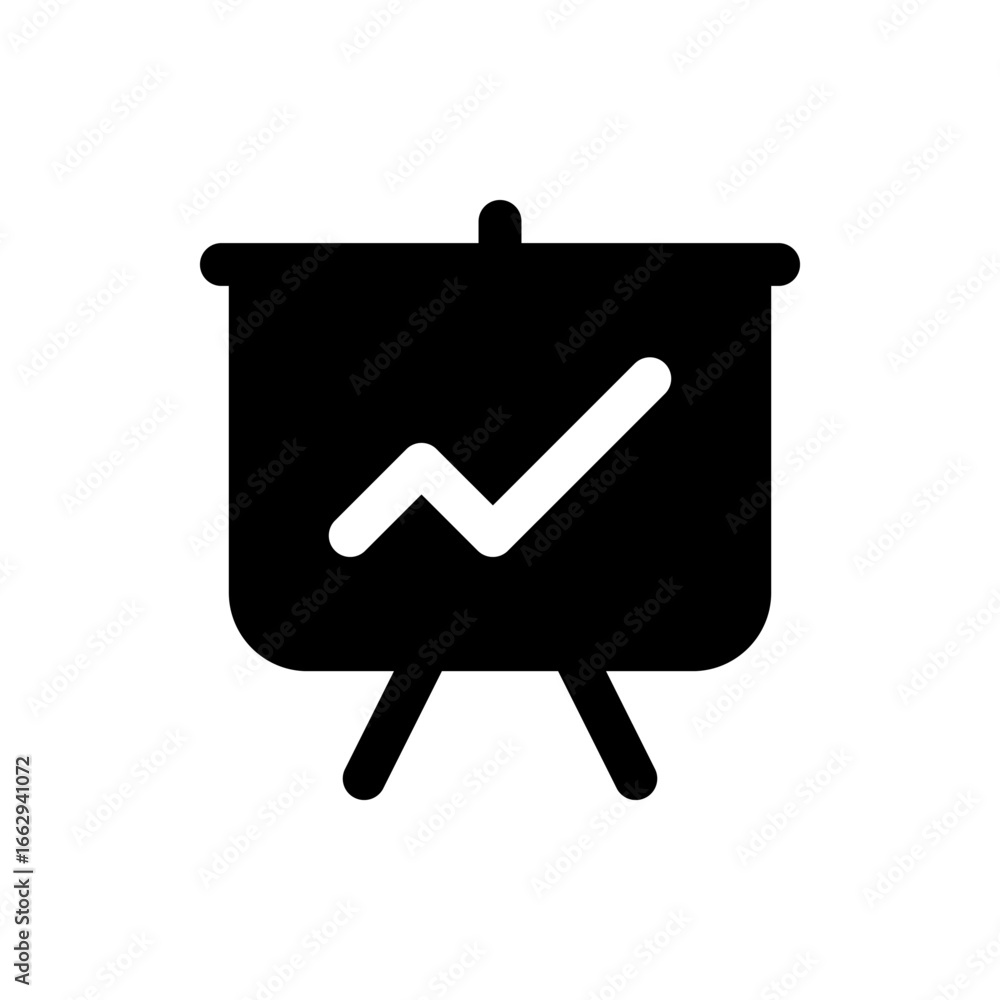 Poster presentation board displaying a white line graph trending upwards on a black background with two leg
