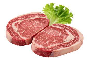  Raw beef steaks with lettuce, white background isolated