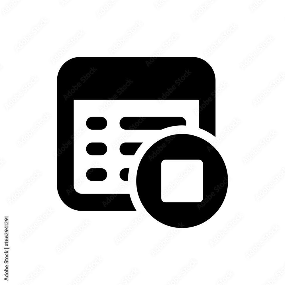 Poster black and white calendar icon with rounded corners and a square inside of a circle on the lower righ