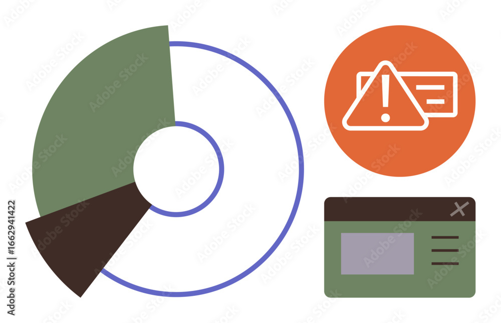 Poster circular graph with segmented pieces, error warning icon, and simple interface window. ideal for dat