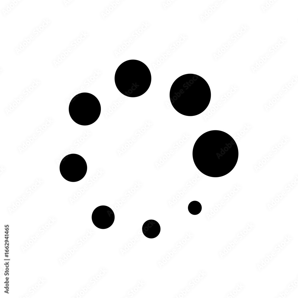 Poster black circular arrangement of various sized dots against a white background forming a loading animat