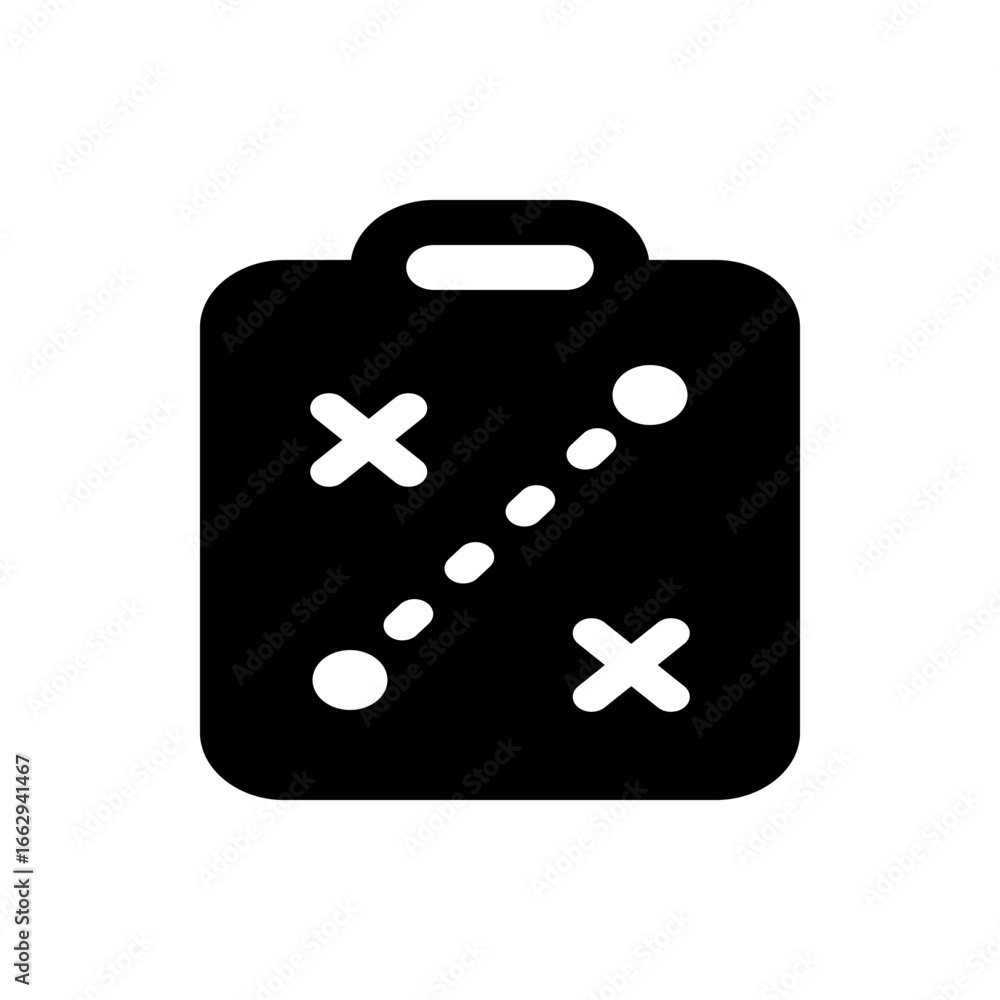 Poster black clipboard with a strategy drawn on it featuring x marks and a dotted line connecting circles