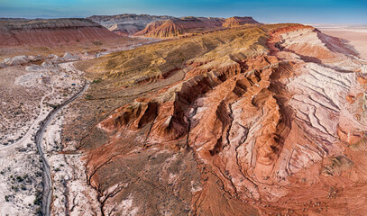 Breathtaking aerial perspective showcasing the vibrant hues and intricate patterns of eroded...