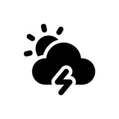 Illustration of a sun with rays partially obscured by a cloud with a lightning bolt in black and white