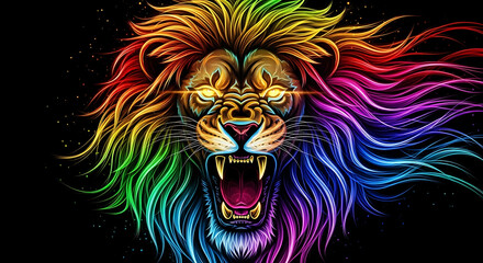 Obraz premium Neon lion head roaring with rainbow glowing mane