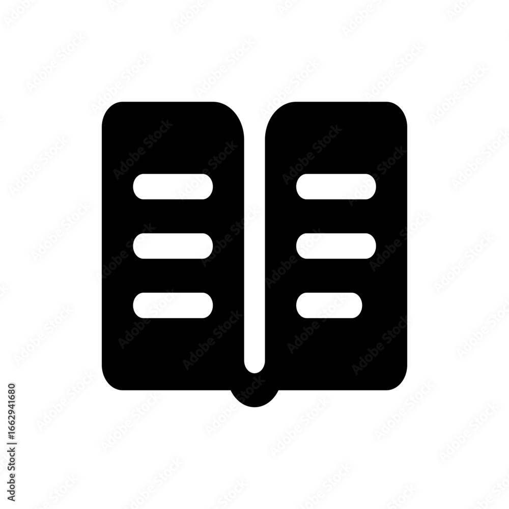Poster illustration of an open book with three horizontal lines on each page depicting text or content insi