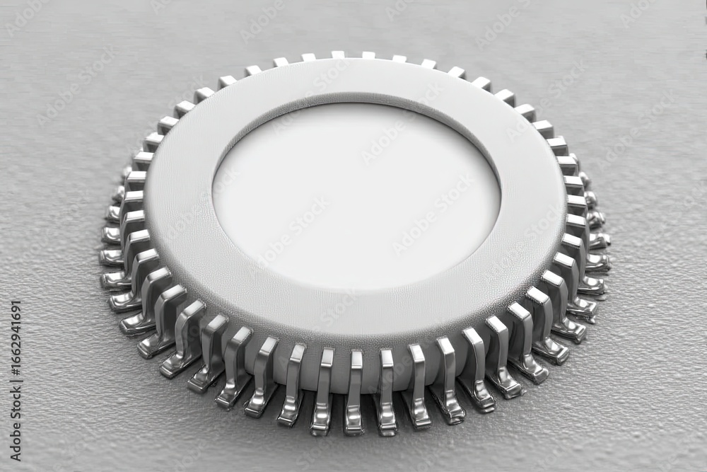 Poster unique circular component with a textured silver rim and a pristine white center designed for intric