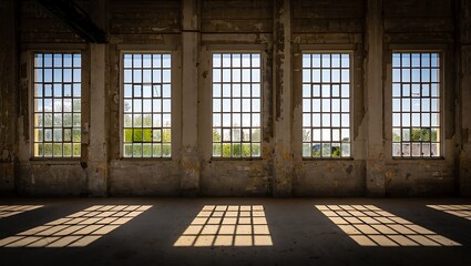 Sunlight streams through large industrial warehouse windows casting geometric shadows on the dusty concrete floor creating a dramatic and atmospheric scene of abandonment and decay