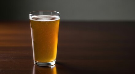 refreshing cold beer in pint glass on dark wooden table evokes pub ambiance, perfect for celebrating craft brewing, friendship moments, or enjoying relaxing evening beverage