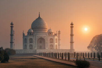 Naklejka premium experience breathtaking sunset over taj mahal in india where sky transforms into breathtaking canvas of colors