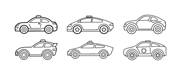 Various cartoon style police cars lined up in a symmetrical arrangement, showcasing diverse designs and shapes © NelaRov
