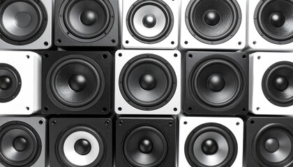 Monochromatic Sound Wall: A Graphic Grid of Black, White, and Silver Speakers