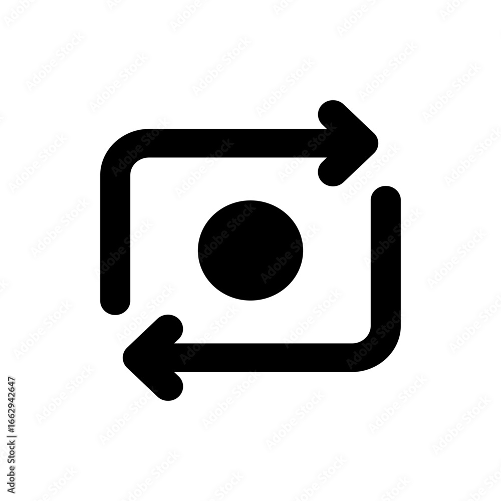 Poster illustration of a square shape with rounded corners and arrows rotating around a central black circl
