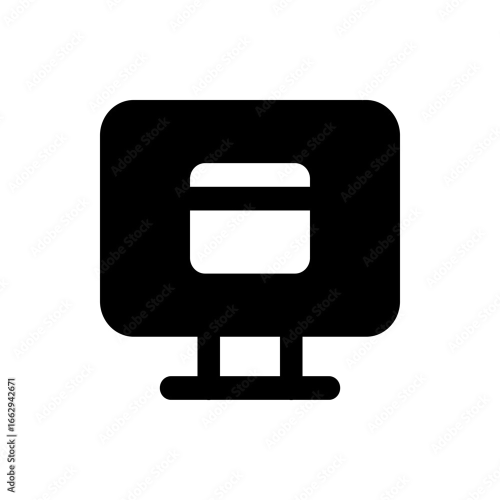 Poster illustration of a black desktop computer monitor with a white screen and a stand on a white backgrou