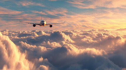 airplane flying over clouds , in the sky  at sunset