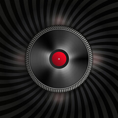 Vinyl record with a glossy black surface displayed on a dark background
