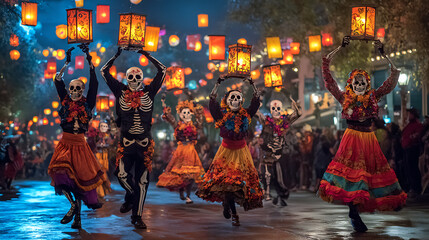 people dancing in the street  for Halloween festival 