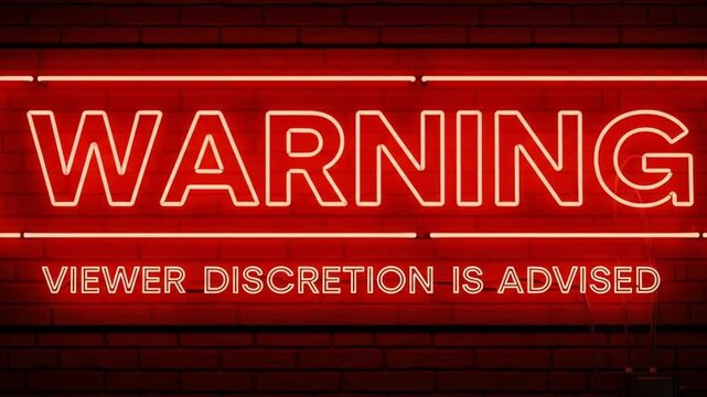 Warning Sign: Viewer Discretion Advised. Warning disturbing content viewer discretion is advised animated sign concept TV black screen. 4K footage download