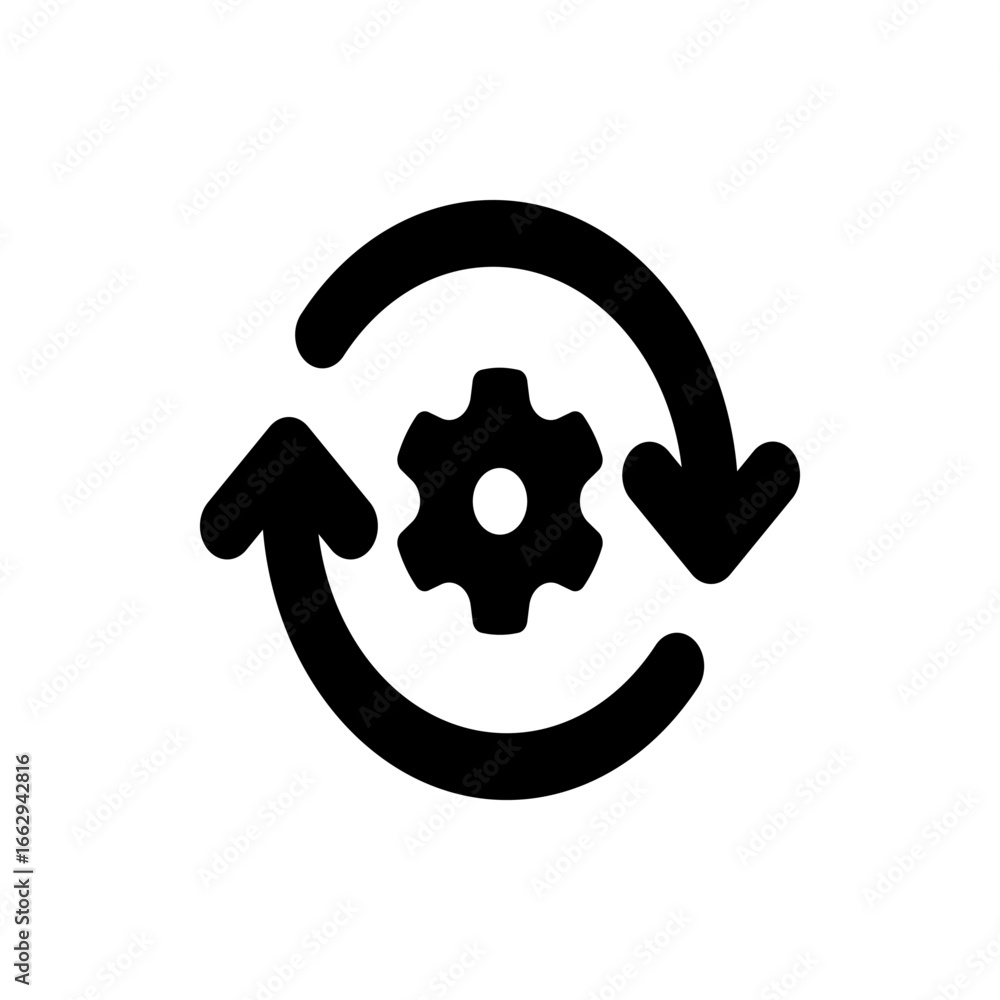 Poster Black gear icon centered with two curved arrows rotating around it on a white background design element