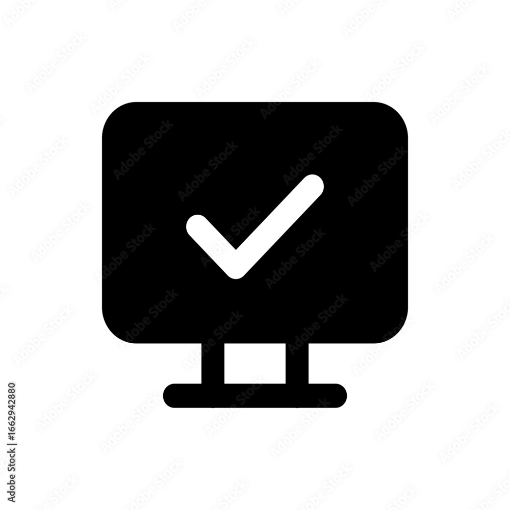 Poster black computer monitor with rounded edges displaying a white check mark in the center of the screen 
