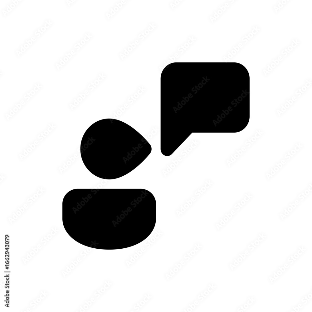 Poster black graphic of a person with a speech bubble indicating communication and interaction on white bac