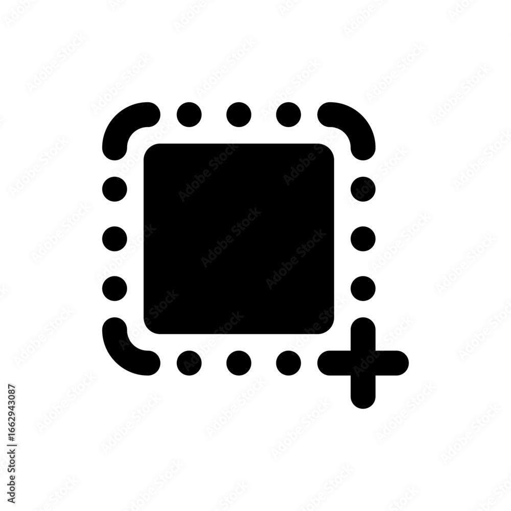 Poster black square with rounded corners surrounded by dots and a plus sign on a white isolated background