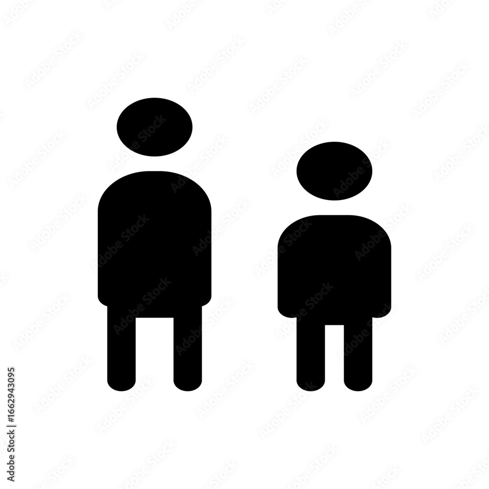 Poster two simple stick figures of different sizes standing next to each other in a plain white background 