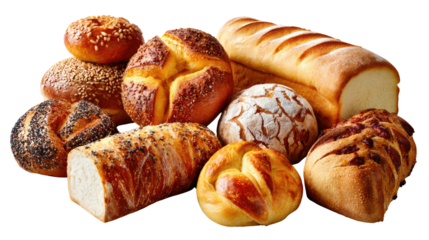Artisan Bread Variety: An inviting assortment of freshly baked artisan breads, showcasing diverse shapes, textures, and golden-brown crusts, perfect for culinary projects.