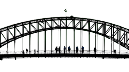 Architectural Silhouette: A breathtaking silhouette of a steel arch bridge. Witness individuals strolling along the span, their forms outlined against the bright background