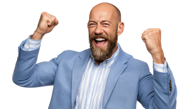 Triumphant businessman celebrates success: a portrait of a successful businessman celebrates his success with a victorious pose. with infectious energy and happiness